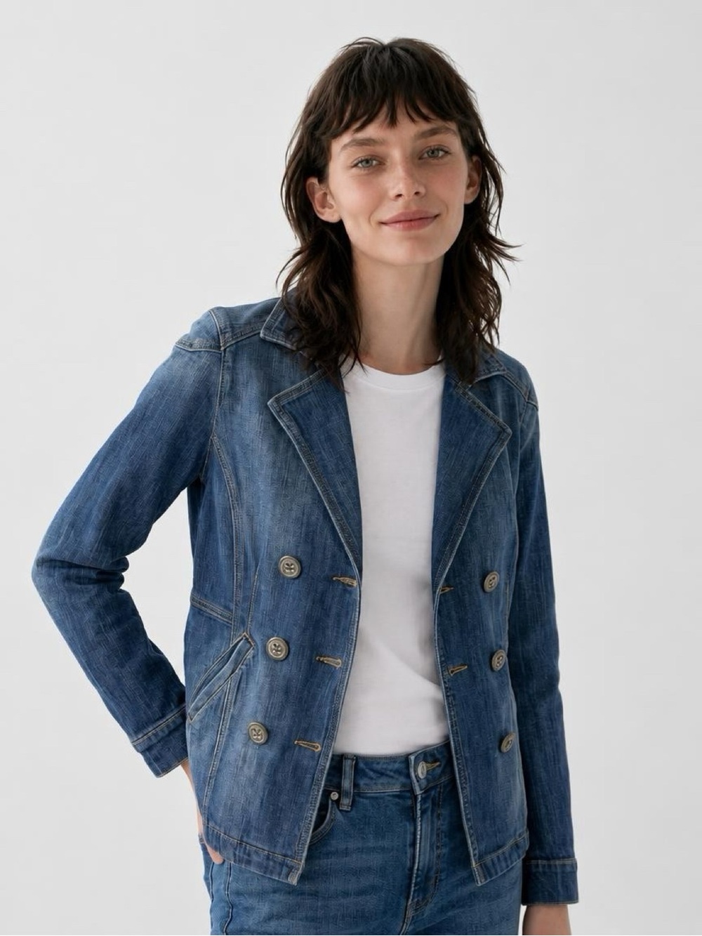 Cabi Jeans Double Breasted Denim Peacoat Jacket Blazer Size XS
